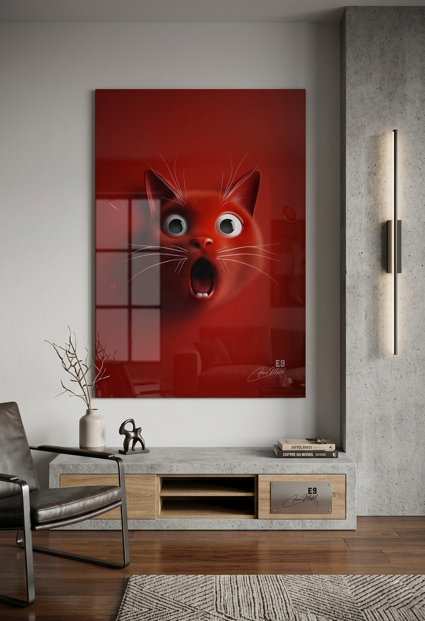 Chat Expressif Rouge - Plaque Aluminium Art Déco Ultra HD  | E9 Fine Metal Art